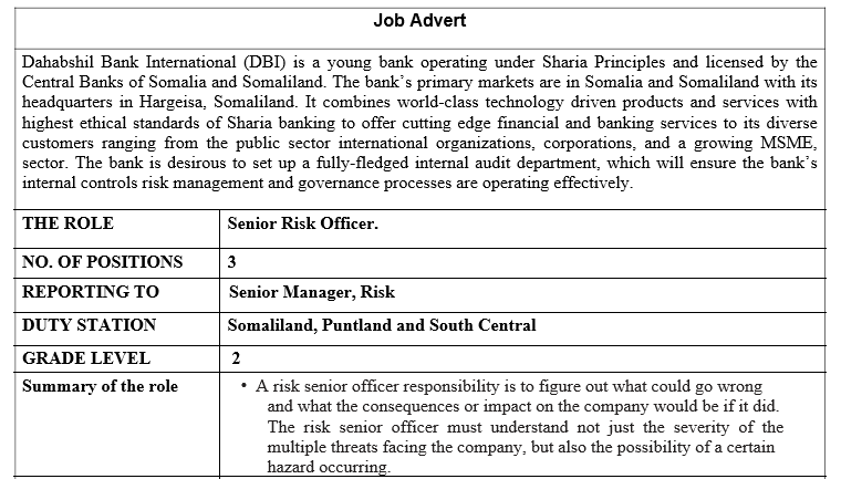 Senior Risk Officer (3 Positions) - Somali Jobs - somalijobs - somalia ...
